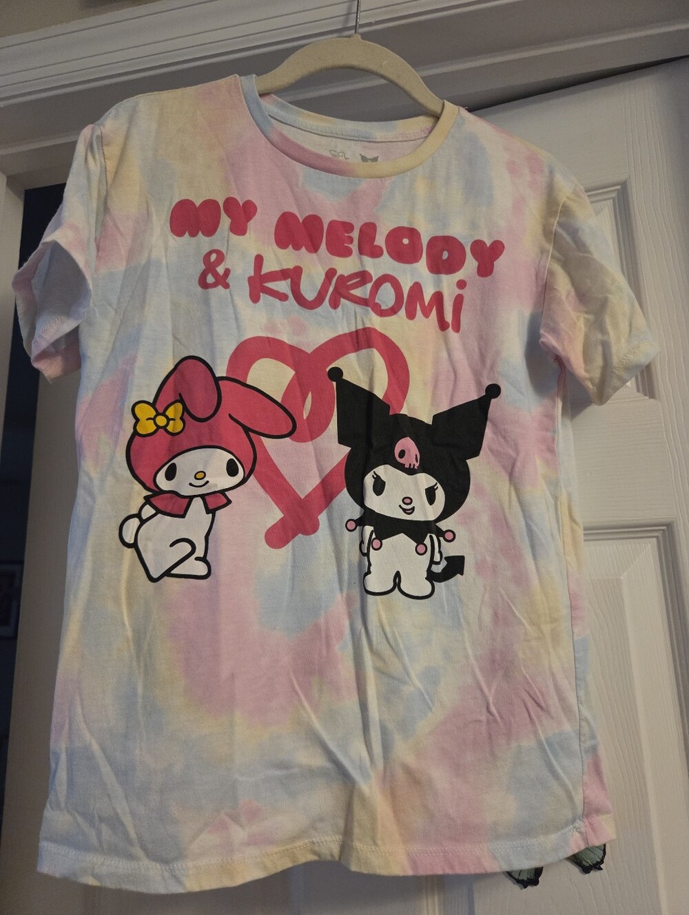 Large white & bright tie dye hello kitty & melody T-shirt